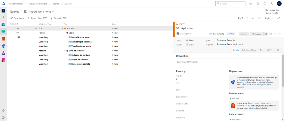 Tela de importação de work items, com os work items importados